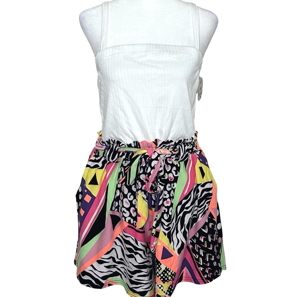 olie & Joy Romper 1X Womens‎ White Ribbed Neon Geometric Animal Print 80s Retro